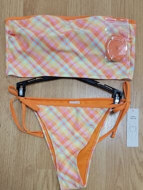 No Boundaries Orange Multi-Color Plaid Bandeau Bikini Set